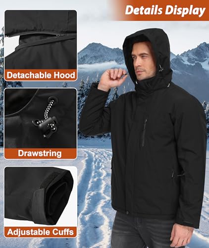 Buyboxs Men's Large Black Waterproof Winter Ski Snowboard Jacket - Insulated Rain Coat with Fleece Lining