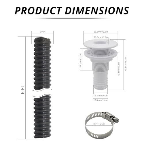 Bilge Pump PVC Hose 3/4 Inch - 6 Ft Flexible Kink-Free with Stainless Steel Clamps & Thru Hull Fitting - Variation of Bilge Pump Hose 3/4 Inch