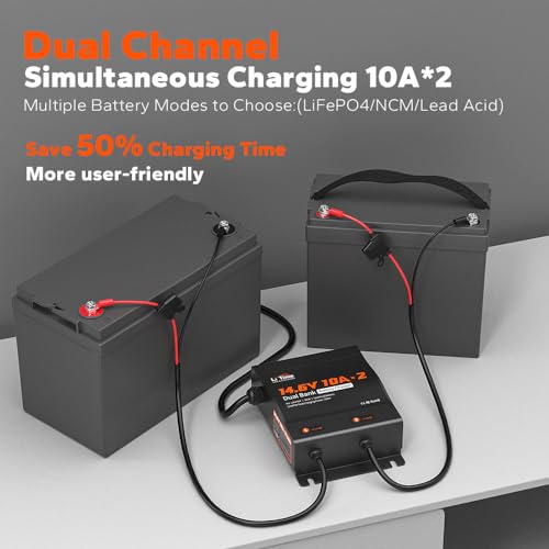 LiTime 2 Bank 12V 10A Waterproof LiFePO4 Battery Charger - 14.6V Output