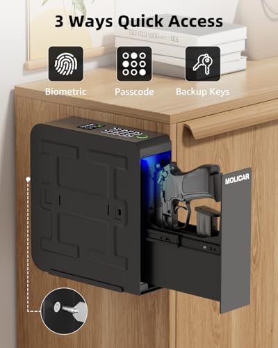 Biometric Gun Safe for Handgun with Fingerprint, Password & Key - MOLICAR Nightstand Safe