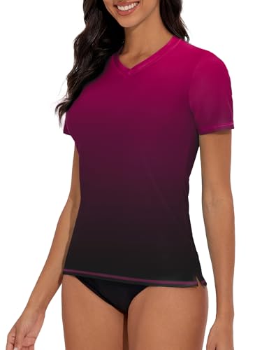 Women's V-Neck Short Sleeve Rash Guard Swim Shirt for Water Sports