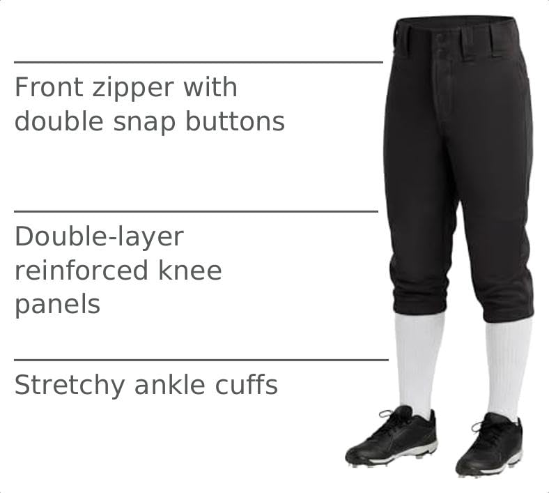 Girls Softball Pants Knickers Style with Pockets - Youth Kids, Regular 12.5-19" Inseam, Black