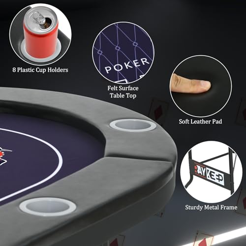 RAYKEEP 71-Inch Foldable Poker Table for 8 Players - Portable Casino Texas Hold'em