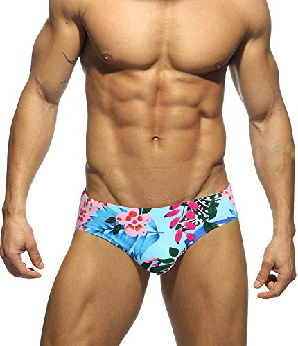 Men Swimsuit Bikini Briefs with Adjustable Drawstring - Large Flowerblue