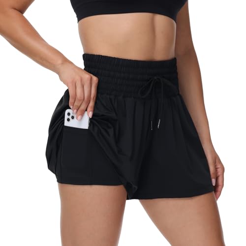 Large Black Athletic Shorts for Women High Waist Gym Workout Running Skort with Pockets