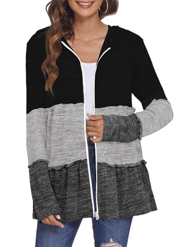 Women’s Zip-Up Hoodie with Pleated Tiered Design Casual Long Sleeve Sweatshirt Jacket