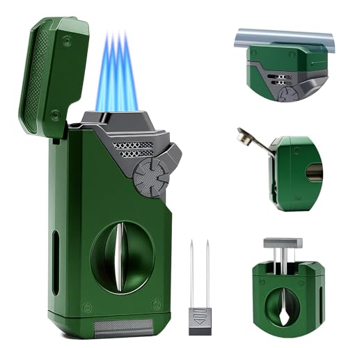 5 in 1 Butane Torch Lighter with Windproof 4-Jet Flame, Refillable, Green