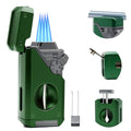 5 in 1 Butane Torch Lighter with Windproof 4-Jet Flame, Refillable, Green