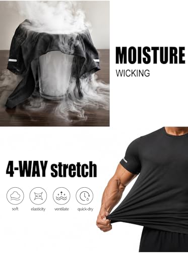 Men's Athletic Workout Shirt - Quick Dry Moisture-Wicking Running Tee - Black, X-Large