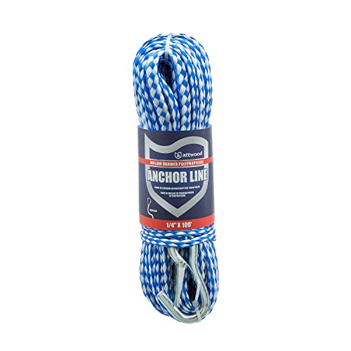 Attwood 1/4-Inch x 100-Foot Hollow Braided Polypropylene Anchor Line with Spring Hook - Blue/White
