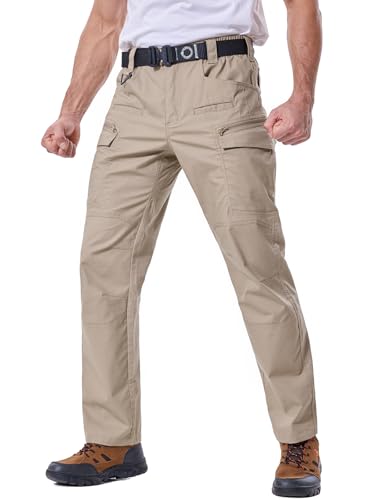 Men's Stretch Ripstop Tactical Cargo Pants - Water-Resistant Hiking Work Pants, 32W x 32L Khaki