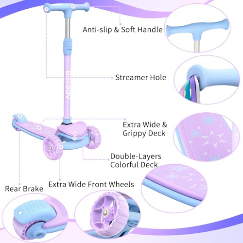 Purple Kids' 3 Wheel Folding Scooter with LED Light-Up Wheels, Adjustable Height