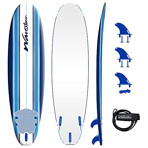 WaveStorm 7ft Classic Soft Top Foam Surfboard - Beginner & All Levels Complete Set with Fins & Leash - Blue Pinline (Surfboard)