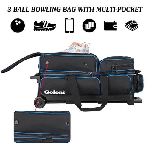 Goloni Blue 3-Ball Bowling Bag with Wheels & Retractable Handle – Large Capacity