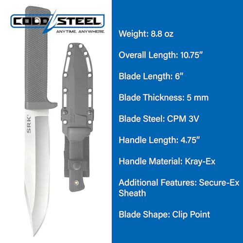 Cold Steel SRK Compact Fixed Blade Knife CPM 3V Steel Tactical Survival Knife with Sheath