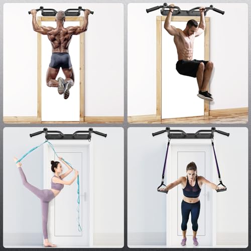 SELEWARE Black Wall Mount Pull Up Bar - Heavy Duty, Multi-Grip, Supports 500 lbs