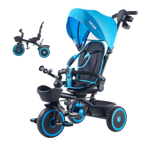 VEVOR 6-in-1 Toddler Tricycle & Stroller with Canopy, Parent Push Handle, Adjustable Seat, Blue/Black