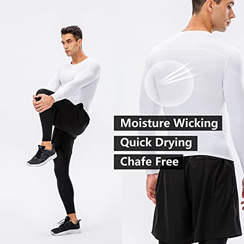 Men's Compression Long Sleeve Athletic Shirt Large White Quick Dry Workout Base Layer