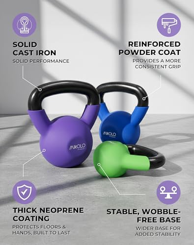 Mikolo Neoprene Coated Cast Iron Kettlebell Set 5/10/15 LB with Wide Handle & Flat Base