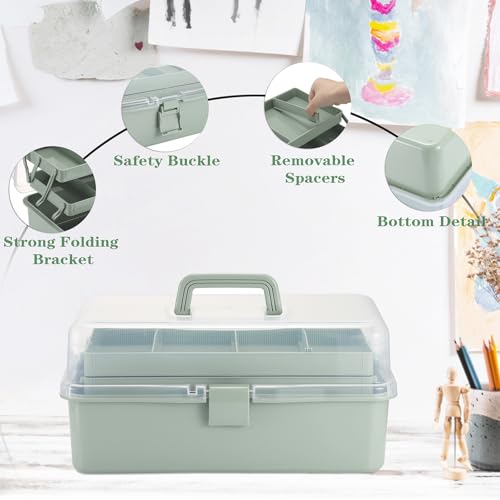 Green 15-Inch Extra Large Art & Craft Storage Box with 3-Layer Folding Trays