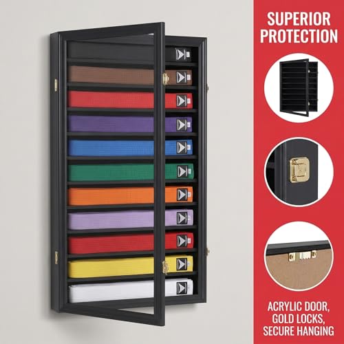 Martial Arts Belt Display Case Wall Rack with Lockable Acrylic Door - 11 Rows, Black Finish