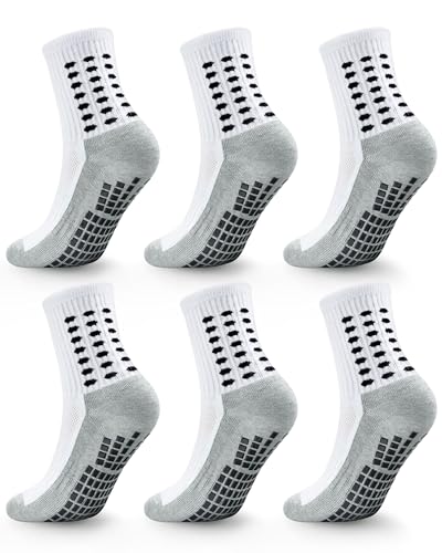 Kids Grip Soccer Socks Boys Girls Non Slip Athletic Crew Socks 10-12 Years - White, 6 Pairs