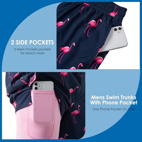 Men's Swim Trunks - Quick Dry Beach Hawaiian Board Shorts with Pockets, Large Pink Stripe