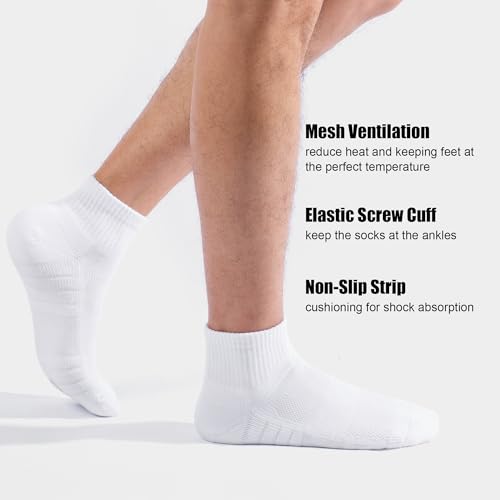 Lapulas Athletic Quarter Socks for Men Women White Large Mesh Cushioned Arch Support Non-Slip Running Ankle Socks - 6 Pack