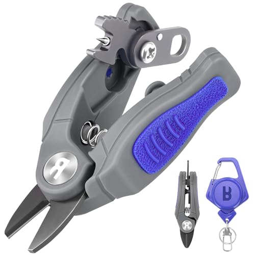 Blue Fishing Line Cutter with Retractor - Saltwater Serrated Shears for Braided Fluoro Line, Hook Eye Cleaner