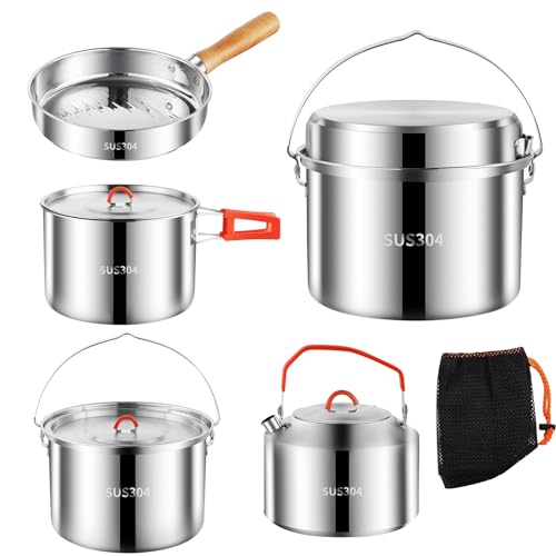 Camping Cookware Set 304 Stainless Steel Pots and Pans for Outdoor Cooking