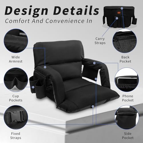 Wide Stadium Seat with Back Support - 25 Inch Foldable Chair, Black, Adjustable Recline
