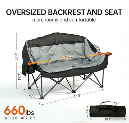 Qucamous Oversized Double Camping Chair Loveseat XL Black & Grey - Heavy Duty, Water-Resistant, 600LBS Capacity