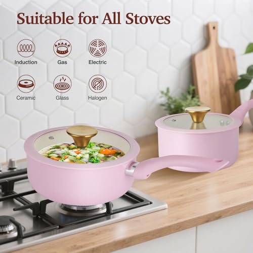 Pink Ceramic Non-Stick Pots and Pans Set 11pcs - M MELENTA, Compact Kitchen
