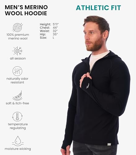Men's Merino Wool Hoodie Large Black - Slim Fit Quarter Zip Thermal Base Layer