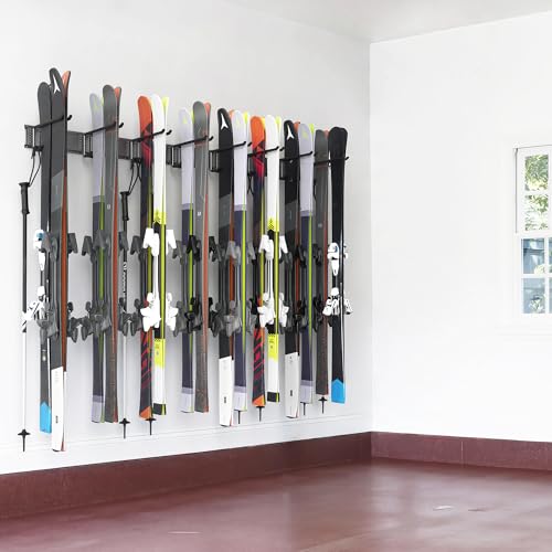 Ultrawall Wall-Mounted Ski Rack with 8 Adjustable Hooks, Holds 16 Pairs of Skis