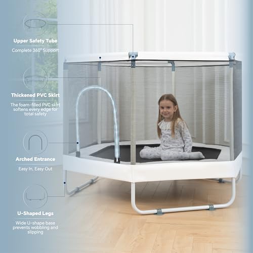 LUSK Blue 60'' Indoor Kids Trampoline with Safety Net & No-Gap Design, Toddler Safe 500lb Capacity