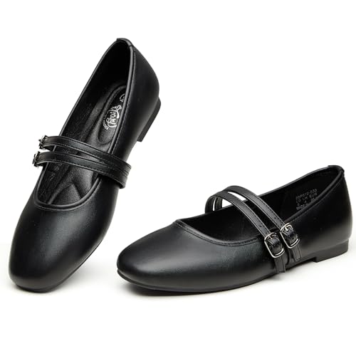 Women Square Toe Mary Jane Flats - Black, Size 8