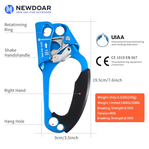 Blue NewDoar UIAA & CE Certified Climbing Hand Ascender Rope Clamp for 8-13mm Rope