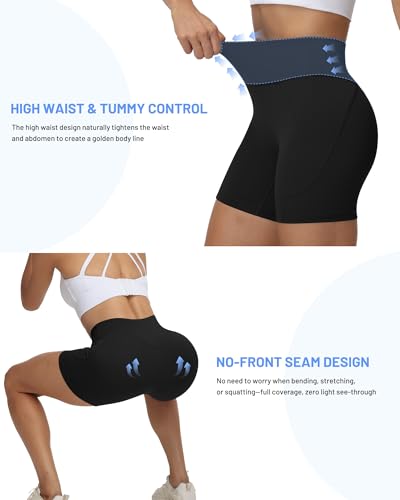 Women’s High Waist Biker Shorts - 3/5/8 Inch Spandex Tummy Control Yoga Workout Black Large