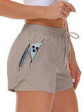 Women’s Running Shorts with Liner & 3 Zipper Pockets - Medium Khaki