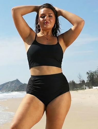 High Waisted Bikini Bottoms for Women Ruched Full Coverage Swimsuit Black 16