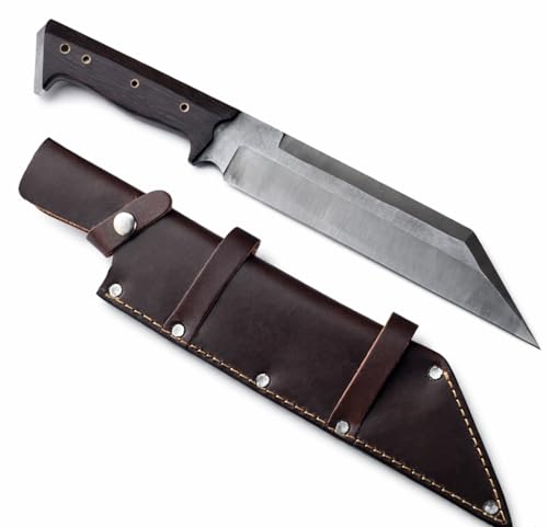 Handmade Viking Seax Knife with Leather Sheath - 10-inch High-Carbon Steel Fixed Blade Hunting Knife