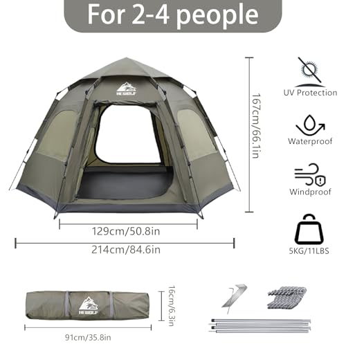 Hewolf 2-4 Person Instant Pop Up Camping Tent - Waterproof Hexagonal Dome, Dark Green