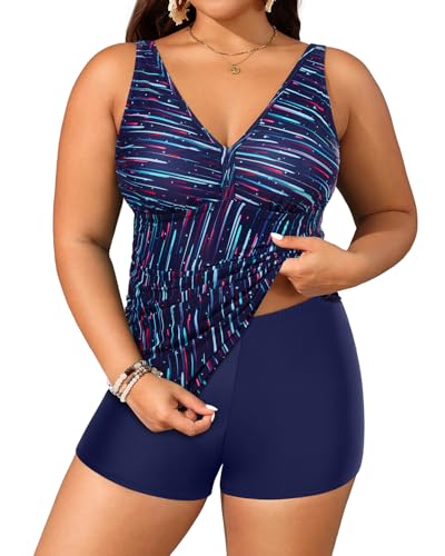 Women's Plus Size Tankini Two-Piece Bathing Suit with Shorts - Blue Galaxy, 18 Plus