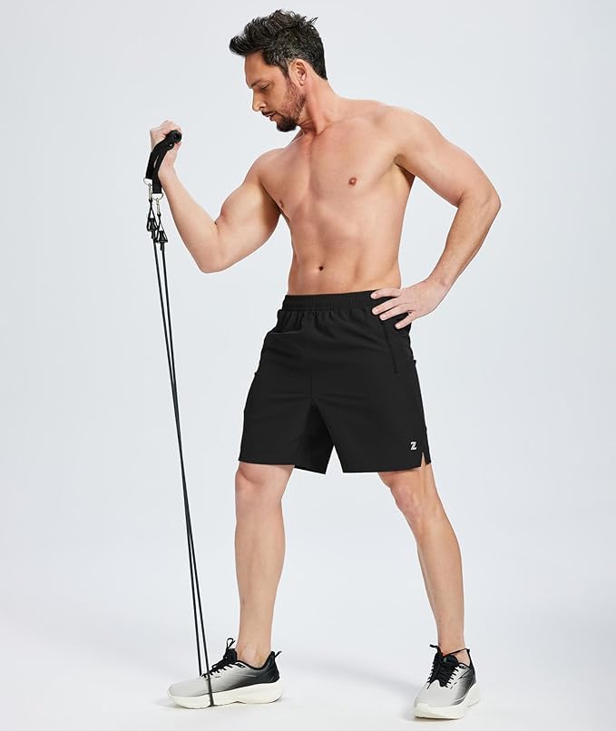 Men's 7 Inch Quick Dry Athletic Running Shorts - Large, Black with 3 Zipper Pockets