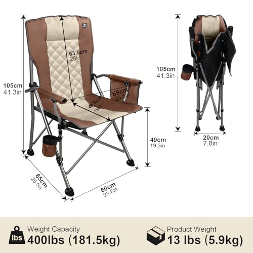 LANMOUNTAIN Moca-Padded Folding Camping Chair with Hard Armrest & Cup Holder, Heavy Duty Support up to 400lbs