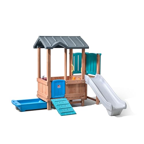 Wooden Kids Playhouse with Slide & Swings Outdoor Playground Set
