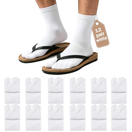 White 12 Pairs Unisex Tabi Split Toe Flip Flop Socks - Soft Cotton, Elastic Fit