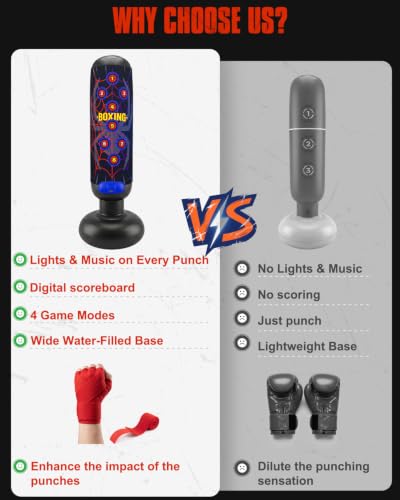 Aywewii Kids Punching Bag Set Black with Music & Light, 4 Game Modes