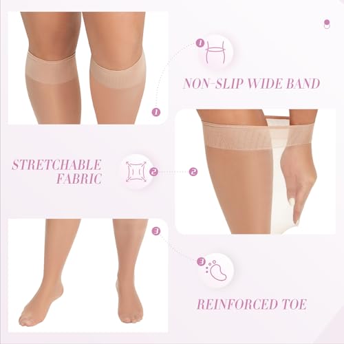 Plus Size Knee High Socks 15 Denier Sheer Nylon Stockings Black/Natural 3X-Large-4X-Large
